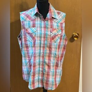 Cowgirl Legend Plaid Sleeveless Western Pearl Snap Shirt Womens 1X Red Turquoise
